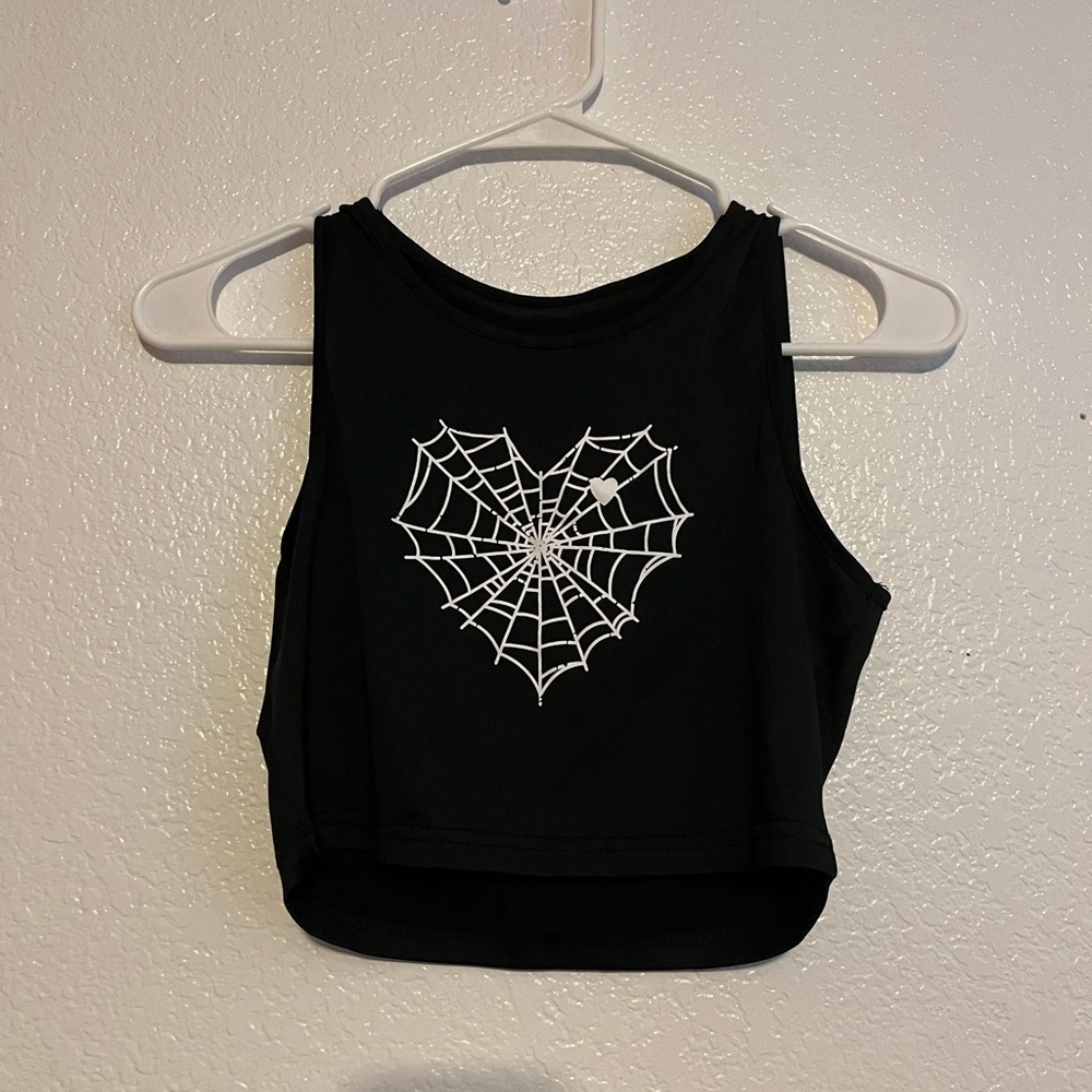 Black cropped spider web tank